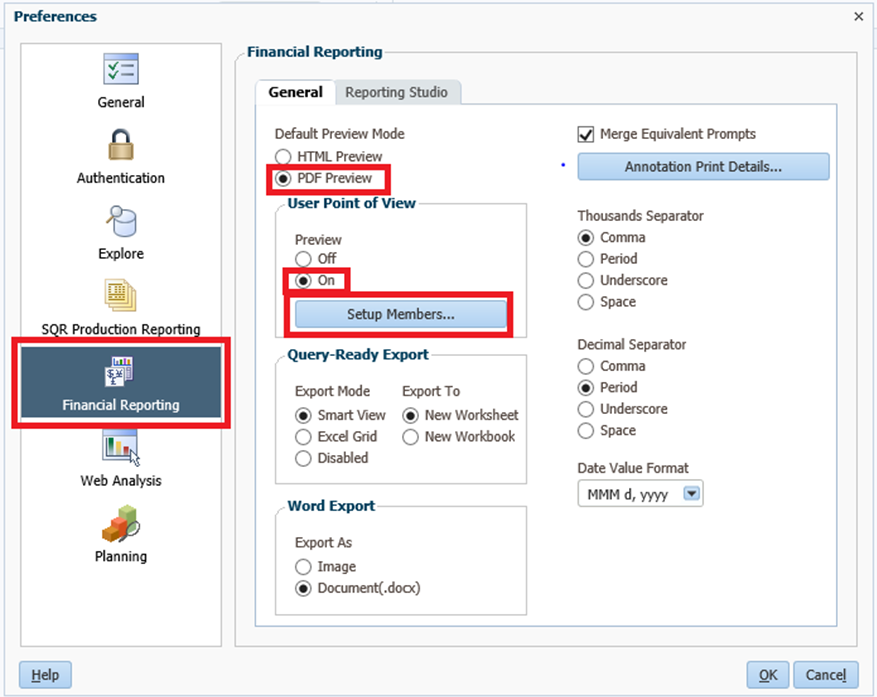 Financial reporting screen, PDF preview highlighted, preview set to ON and click on Setup members